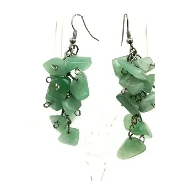 Natural Green Quartz Cluster Earrings Silver Tone Metal Hook Style Jewelry Boho - Picture 2 of 9